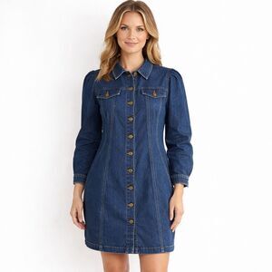 Eloquii Denim Straight Fit Puff Sleeve Button Front Mini Dress Blue 14